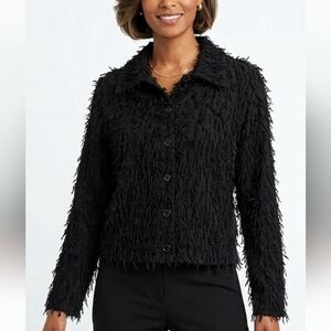 Ann Maurice Women's Black Shag-Texture Jean Jacket